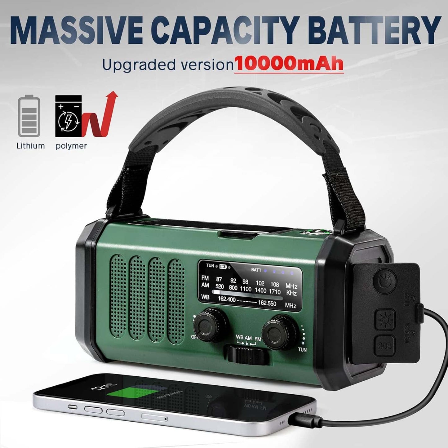 10,000mAh Emergency Crank & Solar Weather Radio